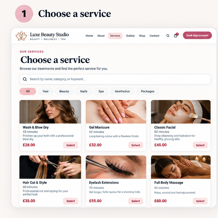 Step 1: choose a service such as Wash and Blow Dry, Gel Manicure, or Classic Facial
