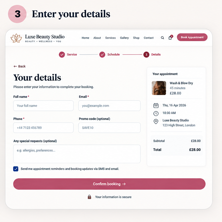 Step 3: enter contact details and confirm the booking