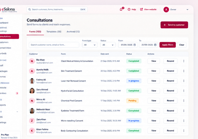 eSalona consultations inbox with client forms