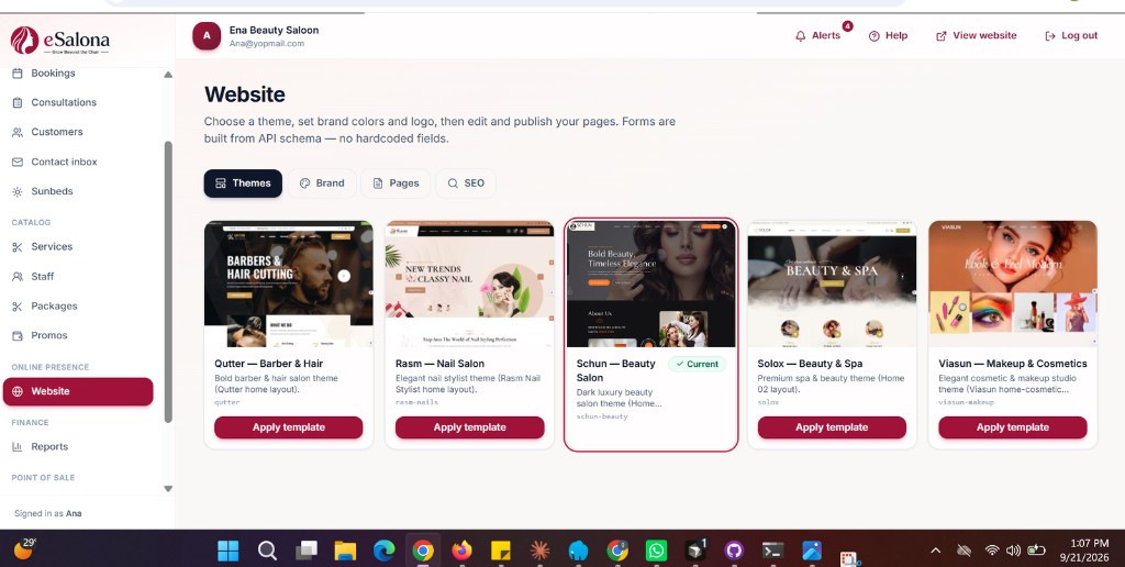 eSalona website builder with salon theme templates